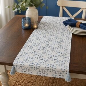 Threshold Cotton Table Runner Tassels Blue Coastal Farmhouse Decor (13.5" X 65")
